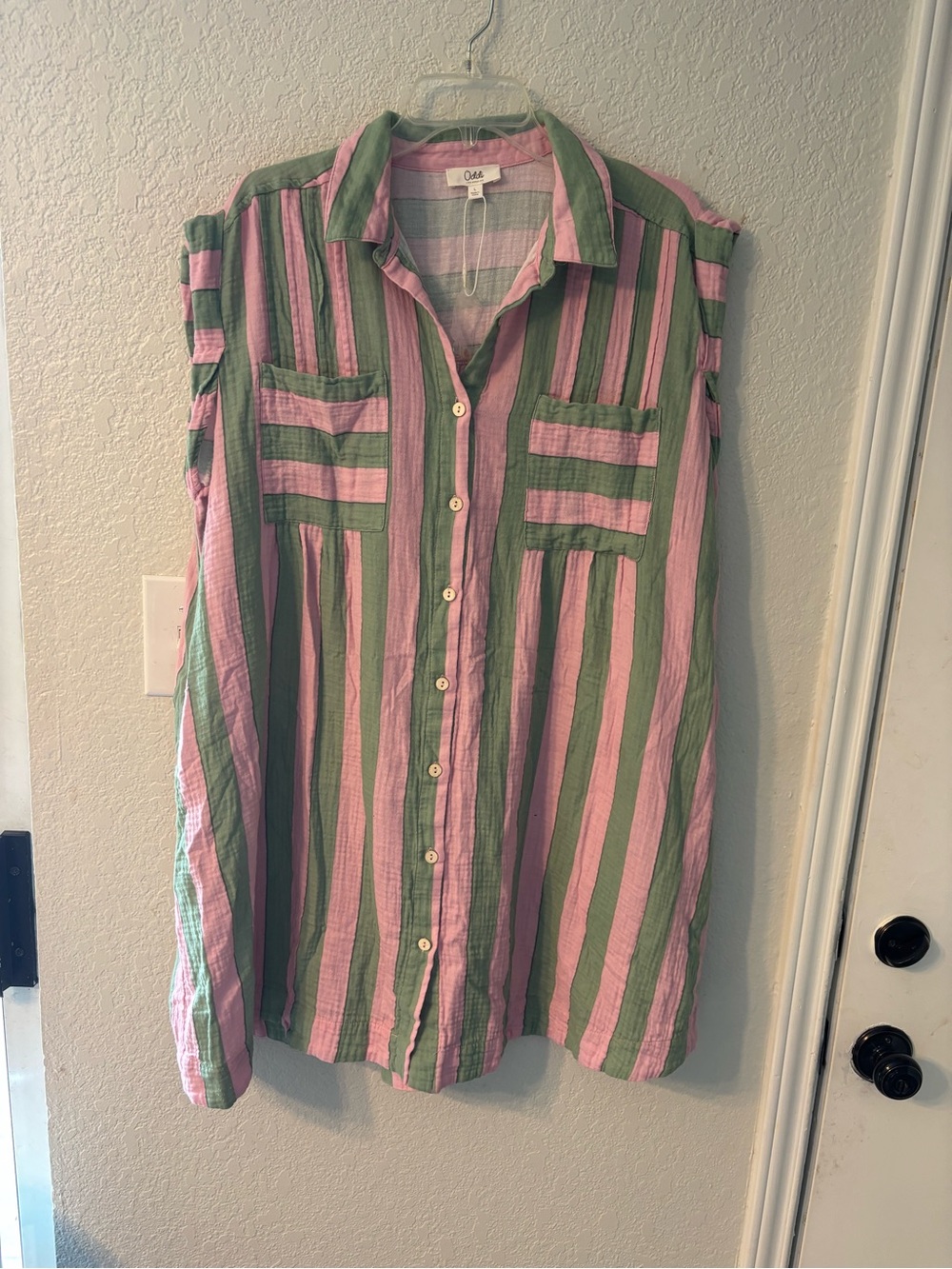 Oddi Pink And Green Striped Sleeveless Button-Up Oddi 100%Cotton